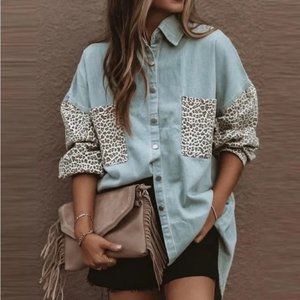Vici Light Blue and Leopard Button Down Shirt